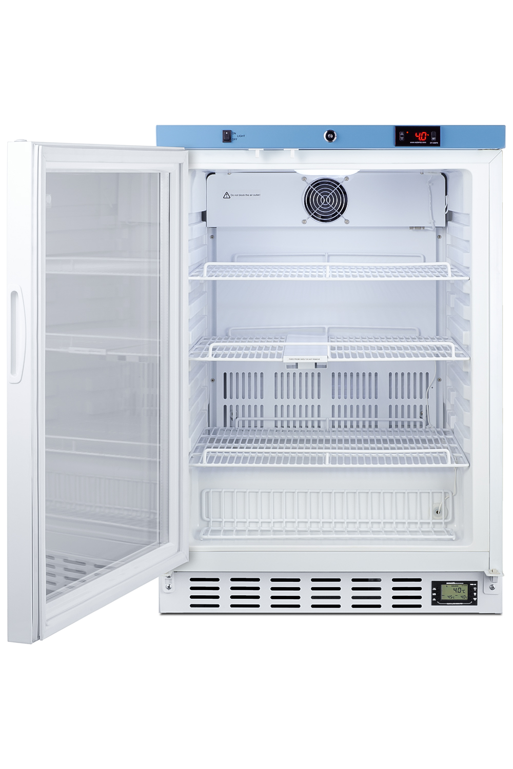 Built-In healthcare all-refrigerator certified to NSF/ANSI 456 with self-closing glass door, front lock, digital controls, and NIST calibrated temperature readout